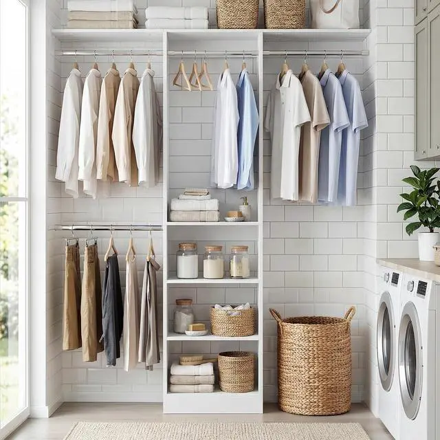 Alt view image 6 of 7 - 4FT Small Closet System, 80"H Closet Organizer System with 4 Closets Rods & 3 Shelves, 48" Closets Organizers and Storage for Small Bedrooms, Laundry Rooms, Cloakrooms, White