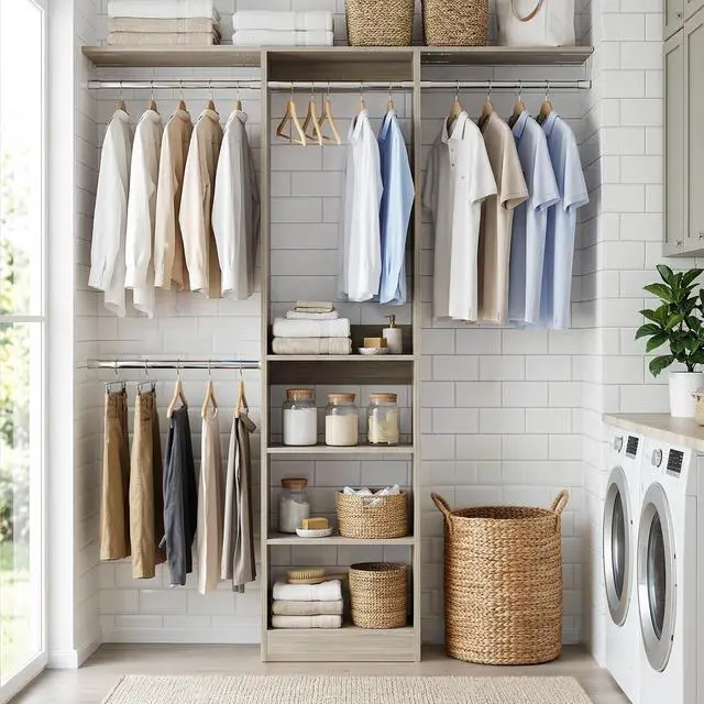 Alt view image 6 of 7 - 4FT Small Closet System, 80"H Closet Organizer System with 4 Closets Rods & 3 Shelves, 48" Closets Organizers and Storage for Small Bedrooms, Laundry Rooms, Cloakrooms, White Oak