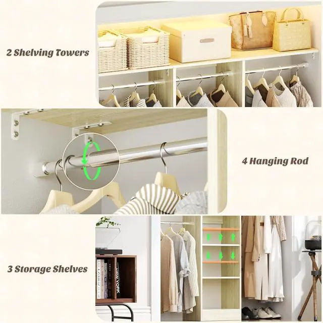 Alt view image 7 of 7 - 4FT Small Closet System, 80"H Closet Organizer System with 4 Closets Rods & 3 Shelves, 48" Closets Organizers and Storage for Small Bedrooms, Laundry Rooms, Cloakrooms, White Oak