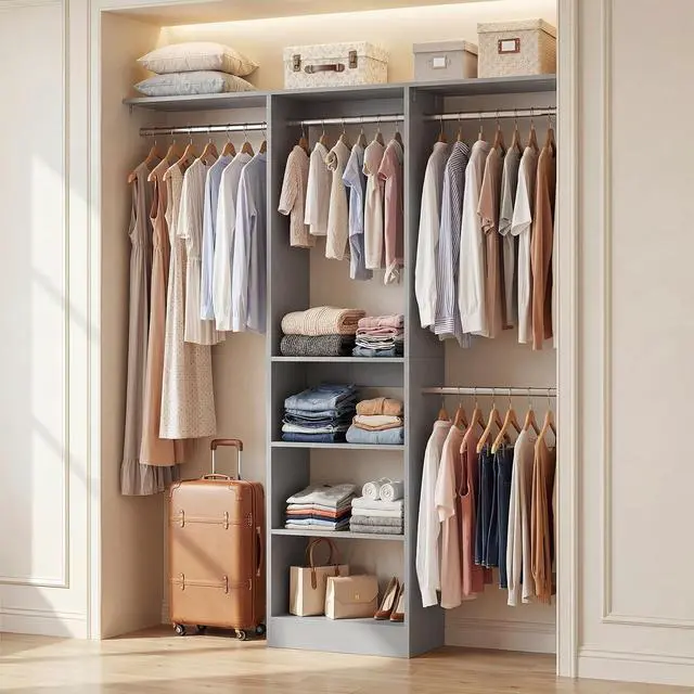 Main image of 4FT Small Closet System, 80"H Closet Organizer System with 4 Closets Rods & 3 Shelves, 48" Closets Organizers and Storage for Small Bedrooms, Laundry Rooms, Cloakrooms, Grey