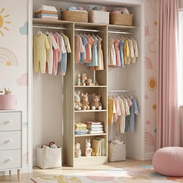 Alt view image 5 of 7 - 4FT Small Closet System, 80"H Closet Organizer System with 4 Closets Rods & 3 Shelves, 48" Closets Organizers and Storage for Small Bedrooms, Laundry Rooms, Cloakrooms, White Oak