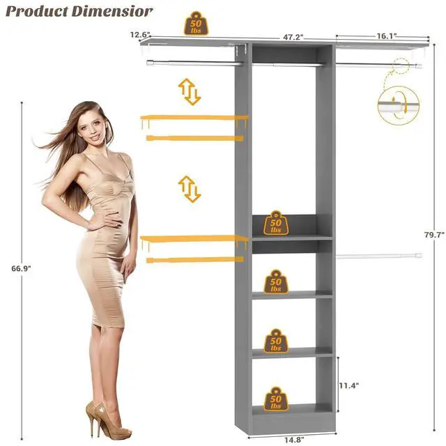 Alt view image 3 of 7 - 4FT Small Closet System, 80"H Closet Organizer System with 4 Closets Rods & 3 Shelves, 48" Closets Organizers and Storage for Small Bedrooms, Laundry Rooms, Cloakrooms, Grey
