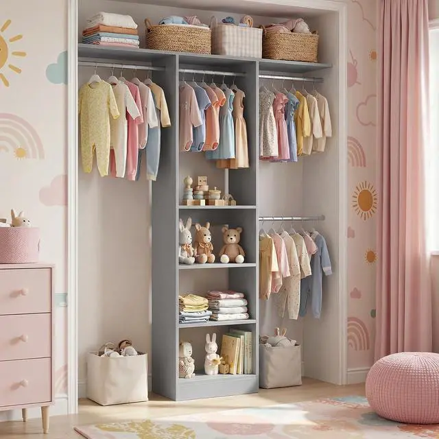Alt view image 5 of 7 - 4FT Small Closet System, 80"H Closet Organizer System with 4 Closets Rods & 3 Shelves, 48" Closets Organizers and Storage for Small Bedrooms, Laundry Rooms, Cloakrooms, Grey