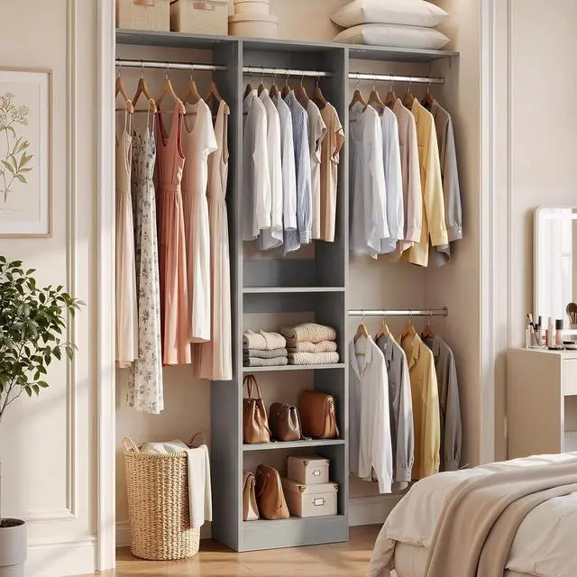 Alt view image 2 of 7 - 4FT Small Closet System, 80"H Closet Organizer System with 4 Closets Rods & 3 Shelves, 48" Closets Organizers and Storage for Small Bedrooms, Laundry Rooms, Cloakrooms, Grey