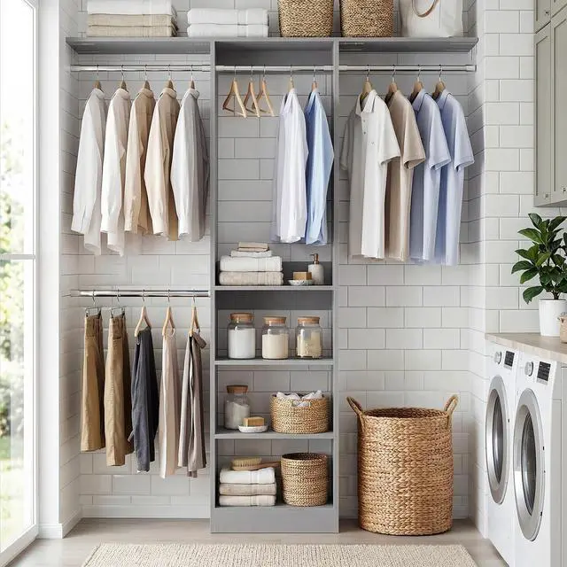 Alt view image 6 of 7 - 4FT Small Closet System, 80"H Closet Organizer System with 4 Closets Rods & 3 Shelves, 48" Closets Organizers and Storage for Small Bedrooms, Laundry Rooms, Cloakrooms, Grey