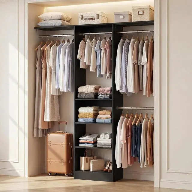 Main image of 4FT Small Closet System, 80"H Closet Organizer System with 4 Closets Rods & 3 Shelves, 48" Closets Organizers and Storage for Small Bedrooms, Laundry Rooms, Cloakrooms, Black