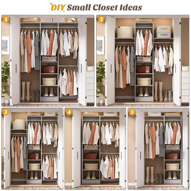 Alt view image 7 of 7 - 4FT Small Closet System, 80"H Closet Organizer System with 4 Closets Rods & 3 Shelves, 48" Closets Organizers and Storage for Small Bedrooms, Laundry Rooms, Cloakrooms, Grey
