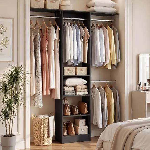 Alt view image 2 of 7 - 4FT Small Closet System, 80"H Closet Organizer System with 4 Closets Rods & 3 Shelves, 48" Closets Organizers and Storage for Small Bedrooms, Laundry Rooms, Cloakrooms, Black