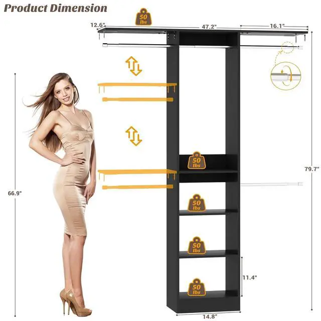 Alt view image 3 of 7 - 4FT Small Closet System, 80"H Closet Organizer System with 4 Closets Rods & 3 Shelves, 48" Closets Organizers and Storage for Small Bedrooms, Laundry Rooms, Cloakrooms, Black