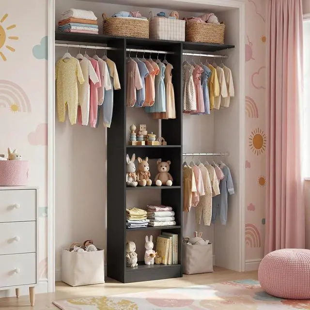 Alt view image 5 of 7 - 4FT Small Closet System, 80"H Closet Organizer System with 4 Closets Rods & 3 Shelves, 48" Closets Organizers and Storage for Small Bedrooms, Laundry Rooms, Cloakrooms, Black