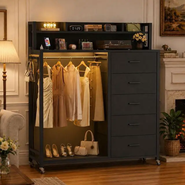 Main image of Clothes Rack with 5 Drawers and Shelf, Garment Rack with Charging Station & LED Lights, Fabric Chest Shelves Clothing Hanging Rack, Wooden Portable Wardrobe Closet
