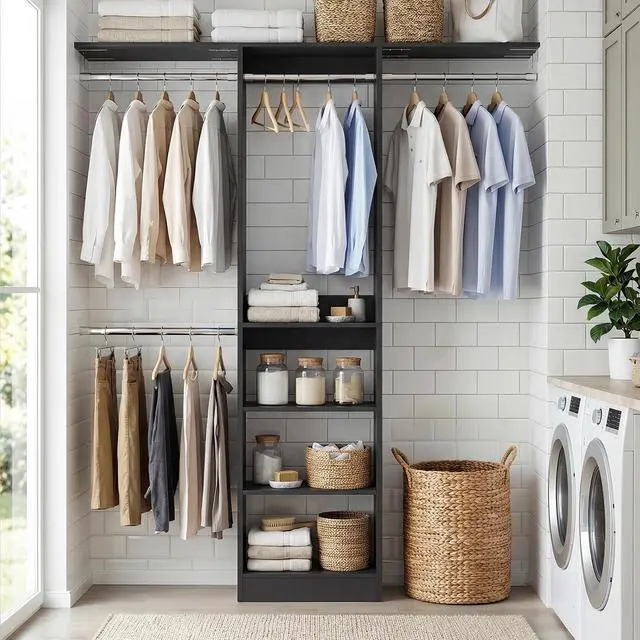 Alt view image 6 of 7 - 4FT Small Closet System, 80"H Closet Organizer System with 4 Closets Rods & 3 Shelves, 48" Closets Organizers and Storage for Small Bedrooms, Laundry Rooms, Cloakrooms, Black