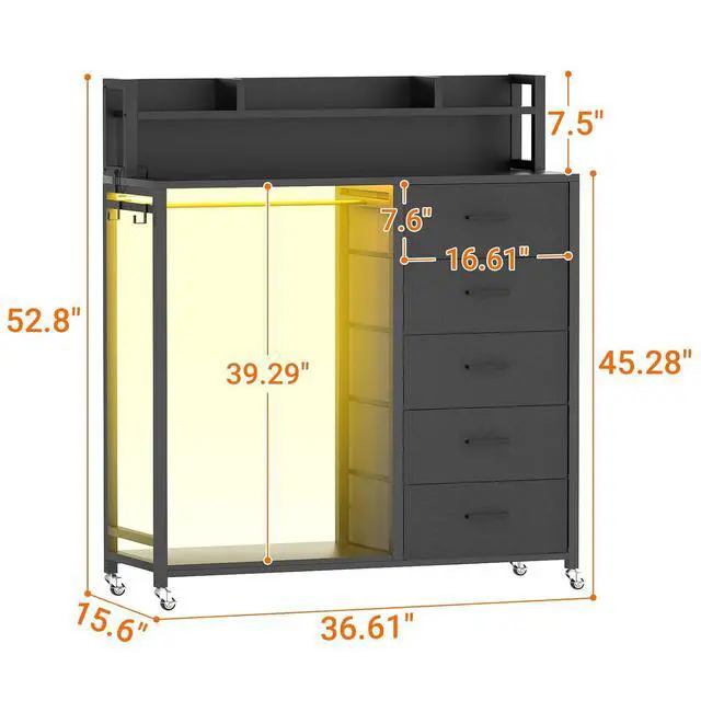 Alt view image 2 of 7 - Clothes Rack with 5 Drawers and Shelf, Garment Rack with Charging Station & LED Lights, Fabric Chest Shelves Clothing Hanging Rack, Wooden Portable Wardrobe Closet