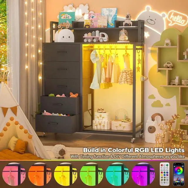 Alt view image 4 of 7 - Clothes Rack with 5 Drawers and Shelf, Garment Rack with Charging Station & LED Lights, Fabric Chest Shelves Clothing Hanging Rack, Wooden Portable Wardrobe Closet