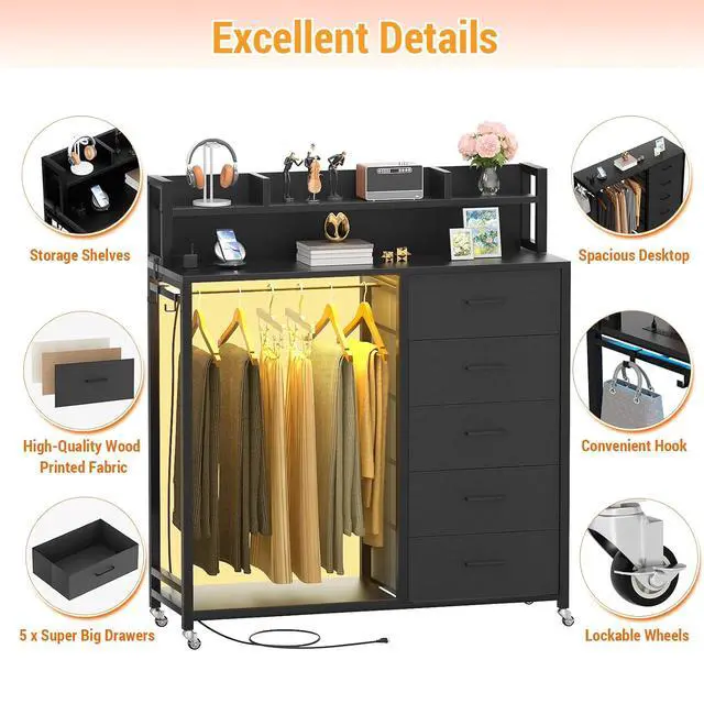 Alt view image 3 of 7 - Clothes Rack with 5 Drawers and Shelf, Garment Rack with Charging Station & LED Lights, Fabric Chest Shelves Clothing Hanging Rack, Wooden Portable Wardrobe Closet