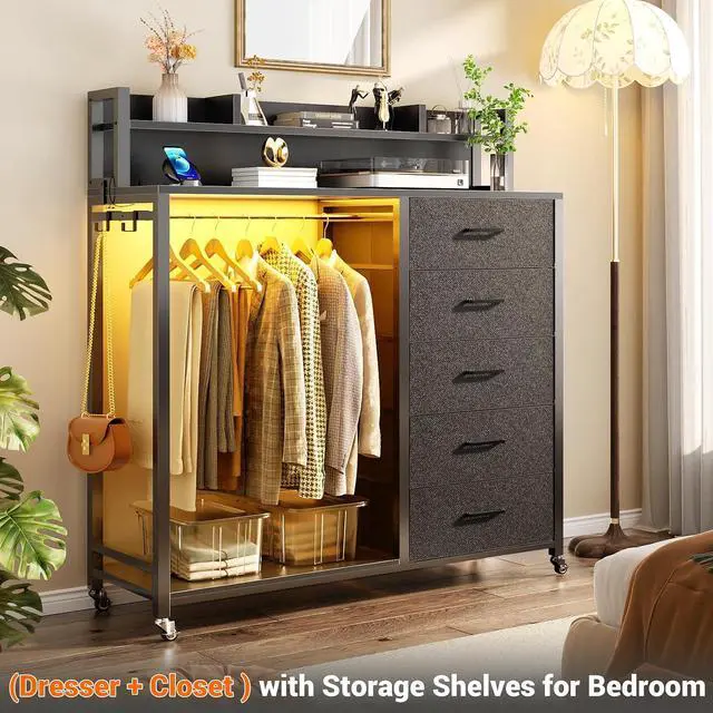 Alt view image 5 of 7 - Clothes Rack with 5 Drawers and Shelf, Garment Rack with Charging Station & LED Lights, Fabric Chest Shelves Clothing Hanging Rack, Wooden Portable Wardrobe Closet