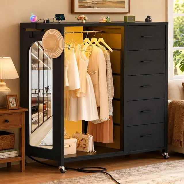 Main image of Clothes Rack with 5 Drawers and Mirror, Garment Rack with Charging Station & LED Lights, Fabric Chest Shelves Clothing Hanging Rack, Wooden Portable Wardrobe Closet