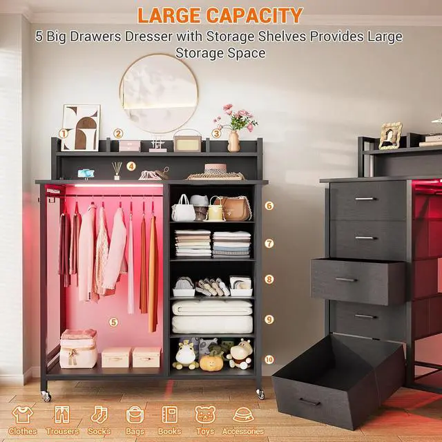 Alt view image 6 of 7 - Clothes Rack with 5 Drawers and Shelf, Garment Rack with Charging Station & LED Lights, Fabric Chest Shelves Clothing Hanging Rack, Wooden Portable Wardrobe Closet