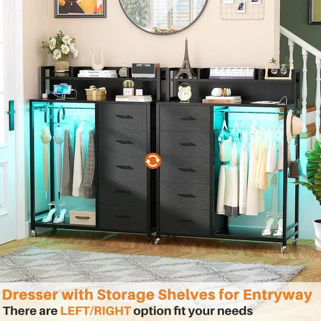 Alt view image 7 of 7 - Clothes Rack with 5 Drawers and Shelf, Garment Rack with Charging Station & LED Lights, Fabric Chest Shelves Clothing Hanging Rack, Wooden Portable Wardrobe Closet