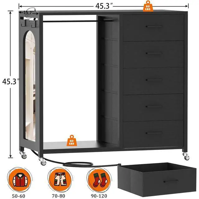 Alt view image 2 of 7 - Clothes Rack with 5 Drawers and Mirror, Garment Rack with Charging Station & LED Lights, Fabric Chest Shelves Clothing Hanging Rack, Wooden Portable Wardrobe Closet