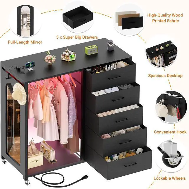 Alt view image 3 of 7 - Clothes Rack with 5 Drawers and Mirror, Garment Rack with Charging Station & LED Lights, Fabric Chest Shelves Clothing Hanging Rack, Wooden Portable Wardrobe Closet