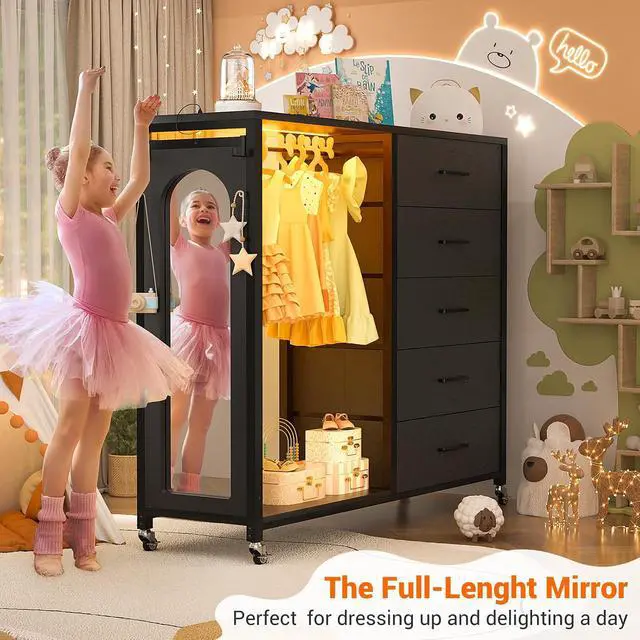 Alt view image 5 of 7 - Clothes Rack with 5 Drawers and Mirror, Garment Rack with Charging Station & LED Lights, Fabric Chest Shelves Clothing Hanging Rack, Wooden Portable Wardrobe Closet
