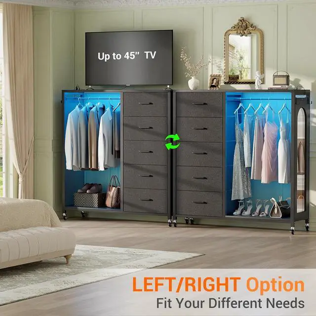 Alt view image 7 of 7 - Clothes Rack with 5 Drawers and Mirror, Garment Rack with Charging Station & LED Lights, Fabric Chest Shelves Clothing Hanging Rack, Wooden Portable Wardrobe Closet