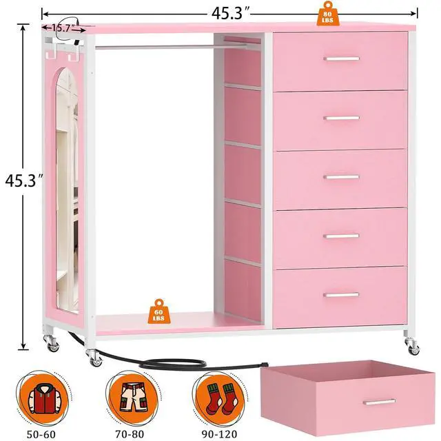 Alt view image 2 of 7 - Clothes Rack with 5 Drawers and Mirror, Garment Rack with Charging Station & LED Lights, Fabric Chest Shelves Clothing Hanging Rack, Wooden Portable Wardrobe Closet
