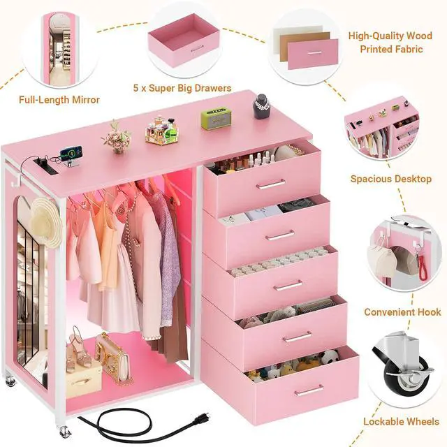 Alt view image 3 of 7 - Clothes Rack with 5 Drawers and Mirror, Garment Rack with Charging Station & LED Lights, Fabric Chest Shelves Clothing Hanging Rack, Wooden Portable Wardrobe Closet