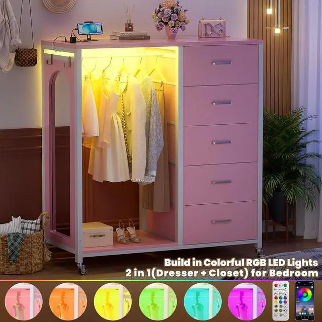 Alt view image 4 of 7 - Clothes Rack with 5 Drawers and Mirror, Garment Rack with Charging Station & LED Lights, Fabric Chest Shelves Clothing Hanging Rack, Wooden Portable Wardrobe Closet