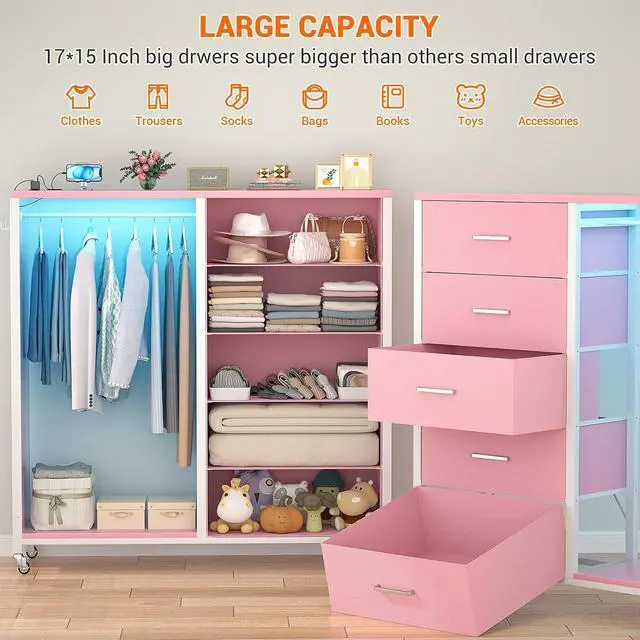 Alt view image 5 of 7 - Clothes Rack with 5 Drawers and Mirror, Garment Rack with Charging Station & LED Lights, Fabric Chest Shelves Clothing Hanging Rack, Wooden Portable Wardrobe Closet