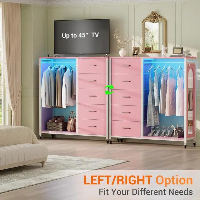 Alt view image 7 of 7 - Clothes Rack with 5 Drawers and Mirror, Garment Rack with Charging Station & LED Lights, Fabric Chest Shelves Clothing Hanging Rack, Wooden Portable Wardrobe Closet