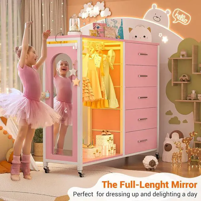 Alt view image 6 of 7 - Clothes Rack with 5 Drawers and Mirror, Garment Rack with Charging Station & LED Lights, Fabric Chest Shelves Clothing Hanging Rack, Wooden Portable Wardrobe Closet