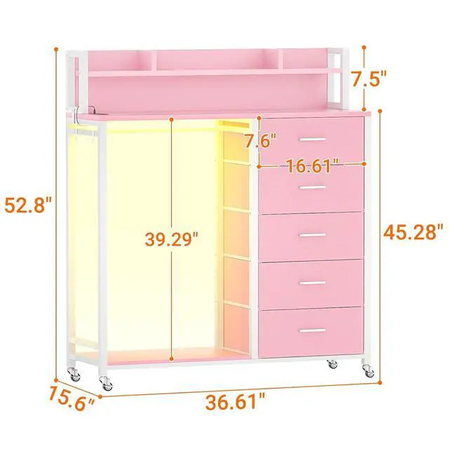 Alt view image 2 of 7 - Clothes Rack with 5 Drawers and Shelf, Garment Rack with Charging Station & LED Lights, Fabric Chest Shelves Clothing Hanging Rack, Wooden Portable Wardrobe Closet