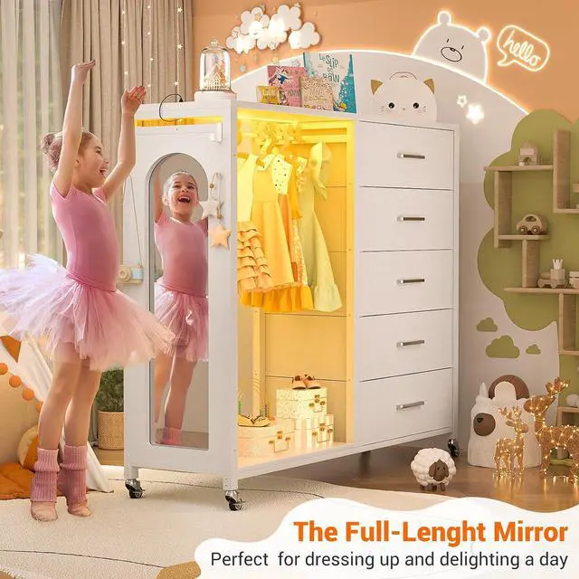 Alt view image 5 of 7 - Clothes Rack with 5 Drawers and Mirror, Garment Rack with Charging Station & LED Lights, Fabric Chest Shelves Clothing Hanging Rack, Wooden Portable Wardrobe Closet