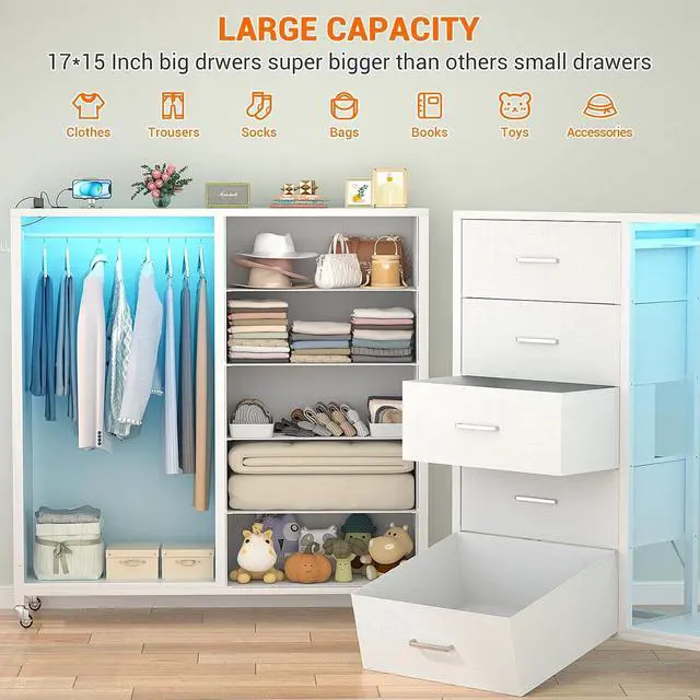 Alt view image 6 of 7 - Clothes Rack with 5 Drawers and Mirror, Garment Rack with Charging Station & LED Lights, Fabric Chest Shelves Clothing Hanging Rack, Wooden Portable Wardrobe Closet