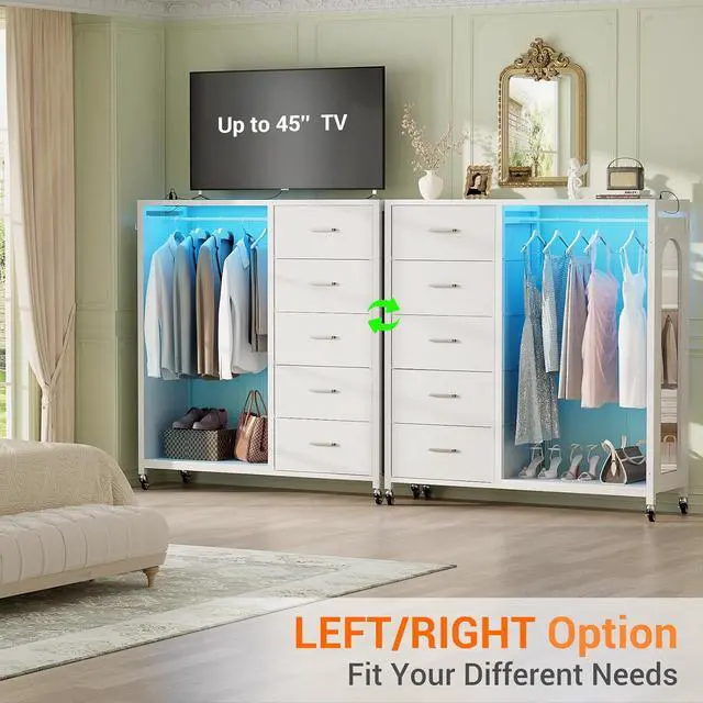 Alt view image 7 of 7 - Clothes Rack with 5 Drawers and Mirror, Garment Rack with Charging Station & LED Lights, Fabric Chest Shelves Clothing Hanging Rack, Wooden Portable Wardrobe Closet