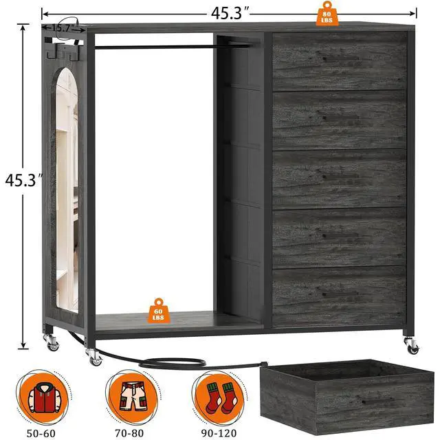 Alt view image 2 of 7 - Clothes Rack with 5 Drawers and Mirror, Garment Rack with Charging Station & LED Lights, Fabric Chest Shelves Clothing Hanging Rack, Wooden Portable Wardrobe Closet