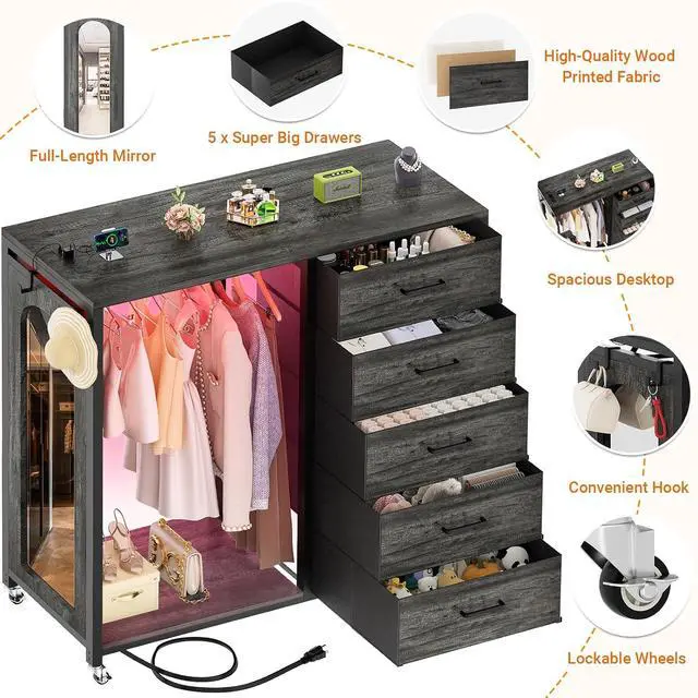 Alt view image 3 of 7 - Clothes Rack with 5 Drawers and Mirror, Garment Rack with Charging Station & LED Lights, Fabric Chest Shelves Clothing Hanging Rack, Wooden Portable Wardrobe Closet