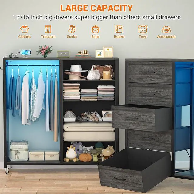 Alt view image 6 of 7 - Clothes Rack with 5 Drawers and Mirror, Garment Rack with Charging Station & LED Lights, Fabric Chest Shelves Clothing Hanging Rack, Wooden Portable Wardrobe Closet