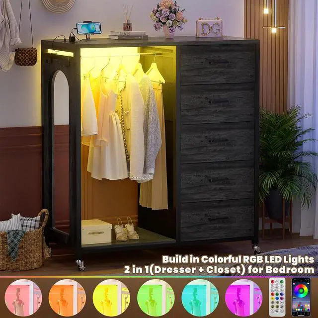 Alt view image 4 of 7 - Clothes Rack with 5 Drawers and Mirror, Garment Rack with Charging Station & LED Lights, Fabric Chest Shelves Clothing Hanging Rack, Wooden Portable Wardrobe Closet