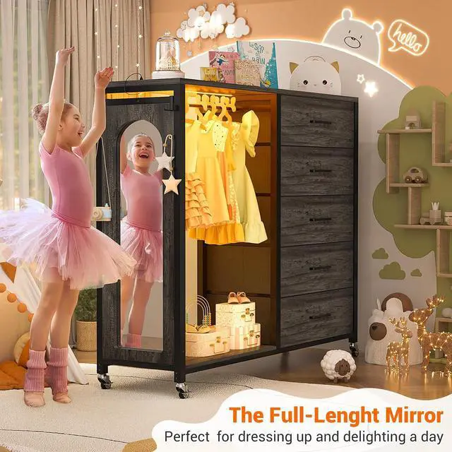 Alt view image 5 of 7 - Clothes Rack with 5 Drawers and Mirror, Garment Rack with Charging Station & LED Lights, Fabric Chest Shelves Clothing Hanging Rack, Wooden Portable Wardrobe Closet
