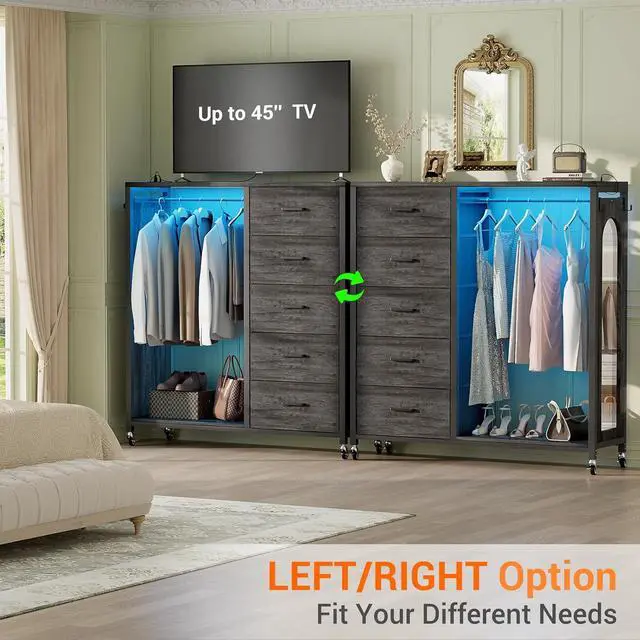 Alt view image 7 of 7 - Clothes Rack with 5 Drawers and Mirror, Garment Rack with Charging Station & LED Lights, Fabric Chest Shelves Clothing Hanging Rack, Wooden Portable Wardrobe Closet