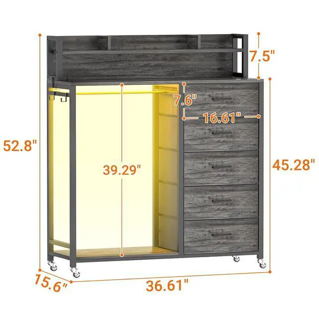 Alt view image 2 of 7 - Clothes Rack with 5 Drawers and Shelf, Garment Rack with Charging Station & LED Lights, Fabric Chest Shelves Clothing Hanging Rack, Wooden Portable Wardrobe Closet