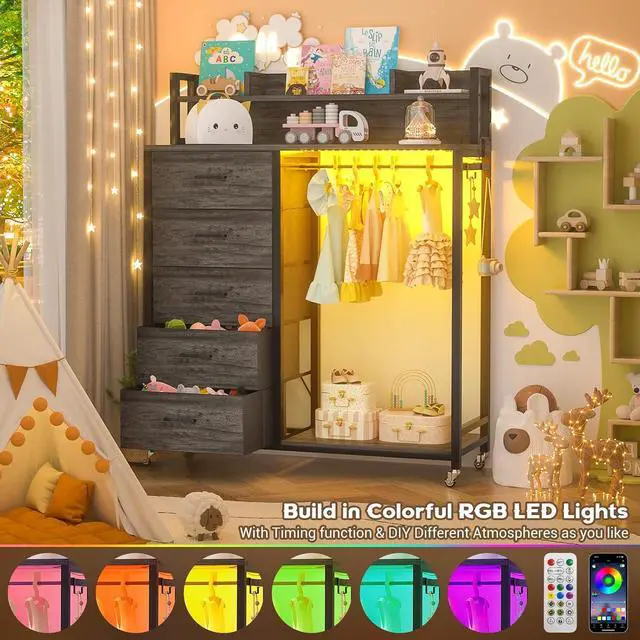 Alt view image 4 of 7 - Clothes Rack with 5 Drawers and Shelf, Garment Rack with Charging Station & LED Lights, Fabric Chest Shelves Clothing Hanging Rack, Wooden Portable Wardrobe Closet