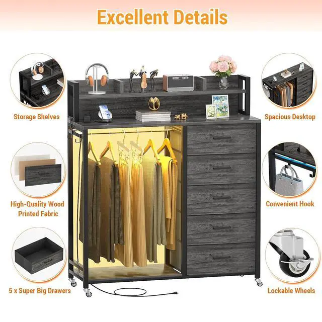 Alt view image 3 of 7 - Clothes Rack with 5 Drawers and Shelf, Garment Rack with Charging Station & LED Lights, Fabric Chest Shelves Clothing Hanging Rack, Wooden Portable Wardrobe Closet