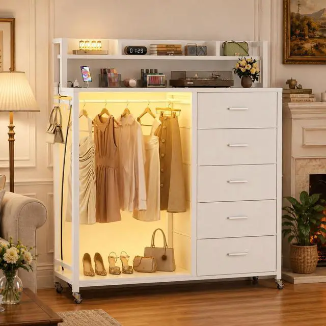 Main image of Clothes Rack with 5 Drawers and Shelf, Garment Rack with Charging Station & LED Lights, Fabric Chest Shelves Clothing Hanging Rack, Wooden Portable Wardrobe Closet