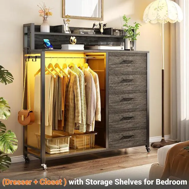 Alt view image 5 of 7 - Clothes Rack with 5 Drawers and Shelf, Garment Rack with Charging Station & LED Lights, Fabric Chest Shelves Clothing Hanging Rack, Wooden Portable Wardrobe Closet