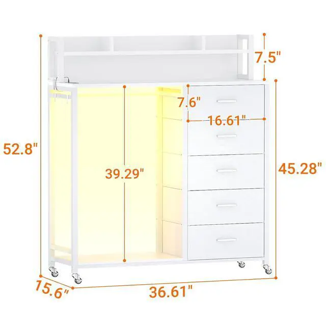Alt view image 2 of 7 - Clothes Rack with 5 Drawers and Shelf, Garment Rack with Charging Station & LED Lights, Fabric Chest Shelves Clothing Hanging Rack, Wooden Portable Wardrobe Closet