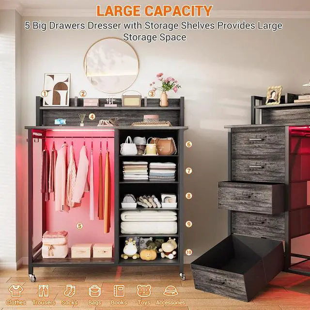 Alt view image 6 of 7 - Clothes Rack with 5 Drawers and Shelf, Garment Rack with Charging Station & LED Lights, Fabric Chest Shelves Clothing Hanging Rack, Wooden Portable Wardrobe Closet
